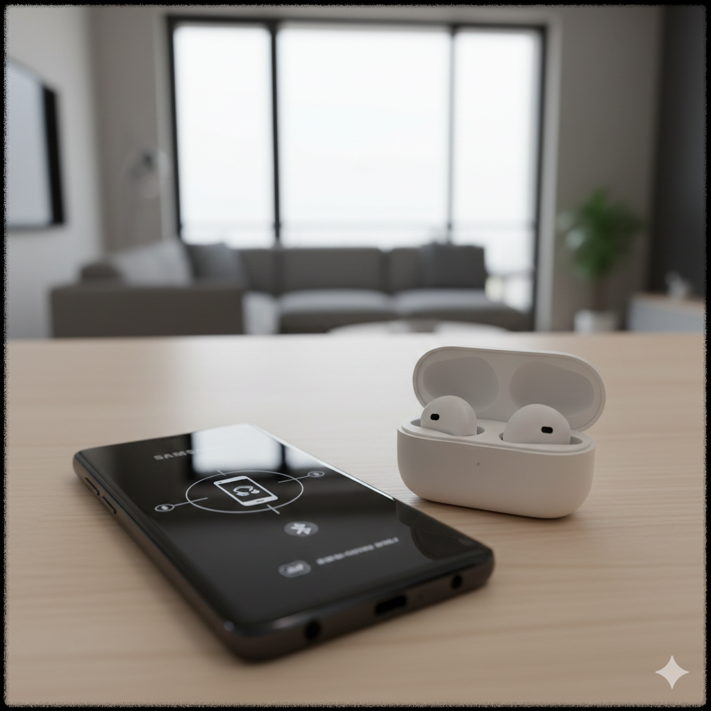 스마트폰이 블루투스 이어폰에 연결된 모습