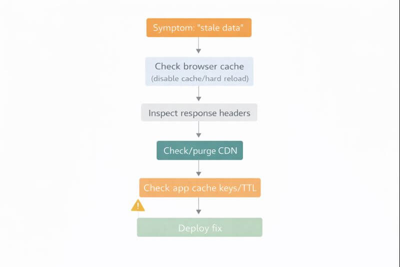 브라우저 캐시 배제 &rarr; 헤더 확인 &rarr; CDN 퍼지 &rarr; 서버 캐시 키 점검 순으로 원인을 좁혀 가는 흐름을 단계도로 보여준다.