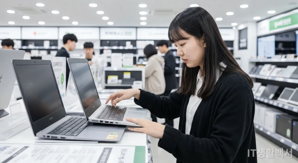 전자제품 매장에서 친환경 노트북의 가성비를 비교하는 한국인 학생