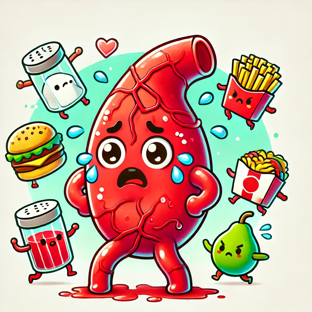 혈관이 소금과 패스트푸드로 인해 힘들어하는 표정을 짓고 있는 일러스트