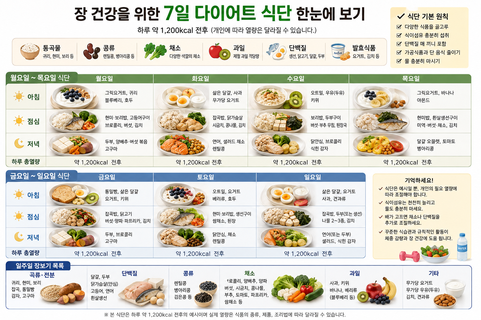 하루 약 1200kcal 기준 장 건강을 위한 7일 다이어트 식단표