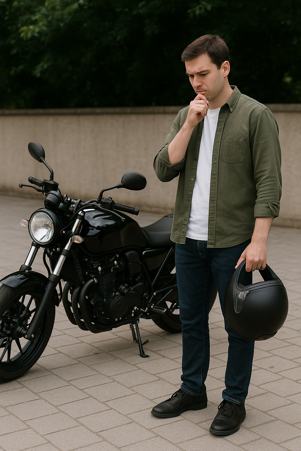 오토바이를 바라보며 고민하는 초보자의 모습