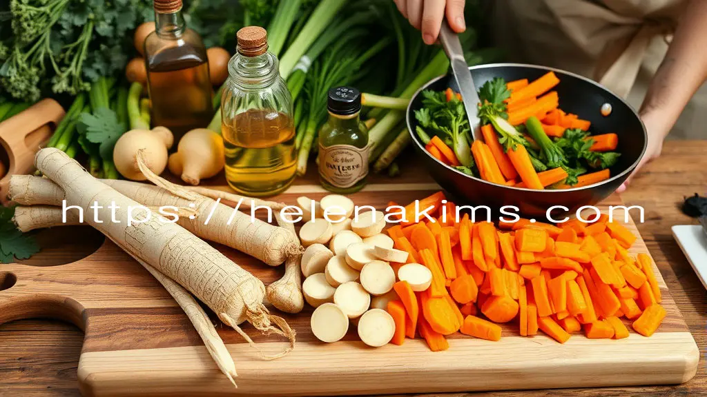 신선하게 손질된 도라지와 더덕 당근 등 뿌리 채소들이 주변에 놓여 있고, 나무 도마 위에는 얇게 썰린 당근 조각들과 우엉 등이 놓여 있다. 배경에는 올리브유 병과 작은 꿀 단지, 그리고 싱싱한 녹황색 채소들이 풍성하게 놓여 있고 그 옆에서 여성이 앞치마를 두르고 요리하는 모습.