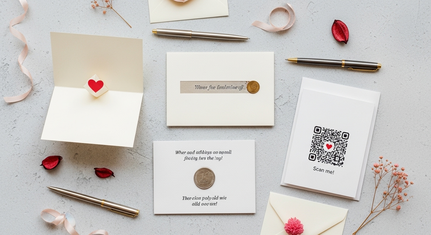 다양한 아이디어의 DIY 발렌타인데이 카드들: 팝업 카드, 스크래치 카드, QR 코드 카드가 예쁘게 놓여 있습니다.