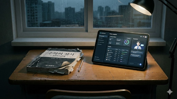 책상 위에 놓인 낡은 흑백 문제집과 최신형 태블릿 PC가 대비되는 모습. 시간은 흘렀지만 변하지 않은 입시 지옥을 상징