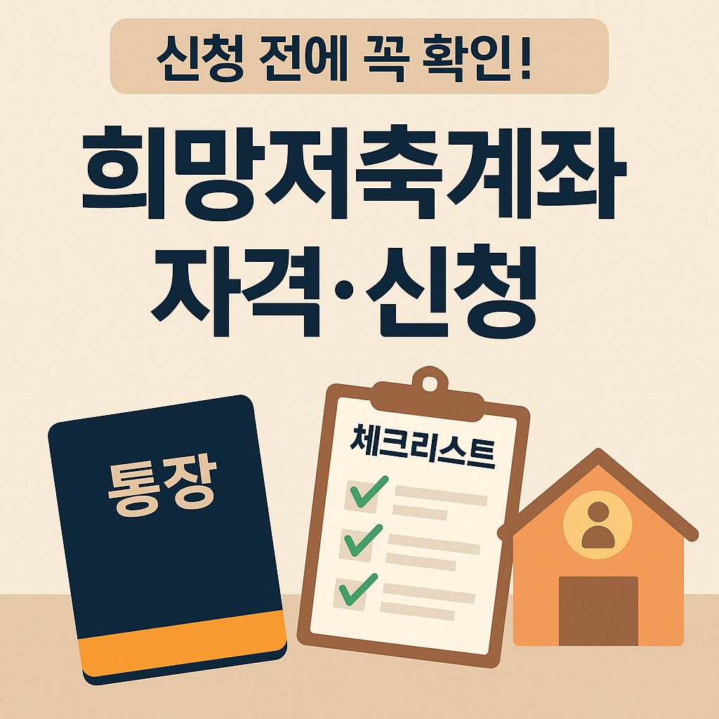 희망저축계좌 자격&middot;신청&rsquo; 문구와 함께 저축 통장, 체크리스트, 주민센터 아이콘이 포함된 인포그래픽 썸네일.