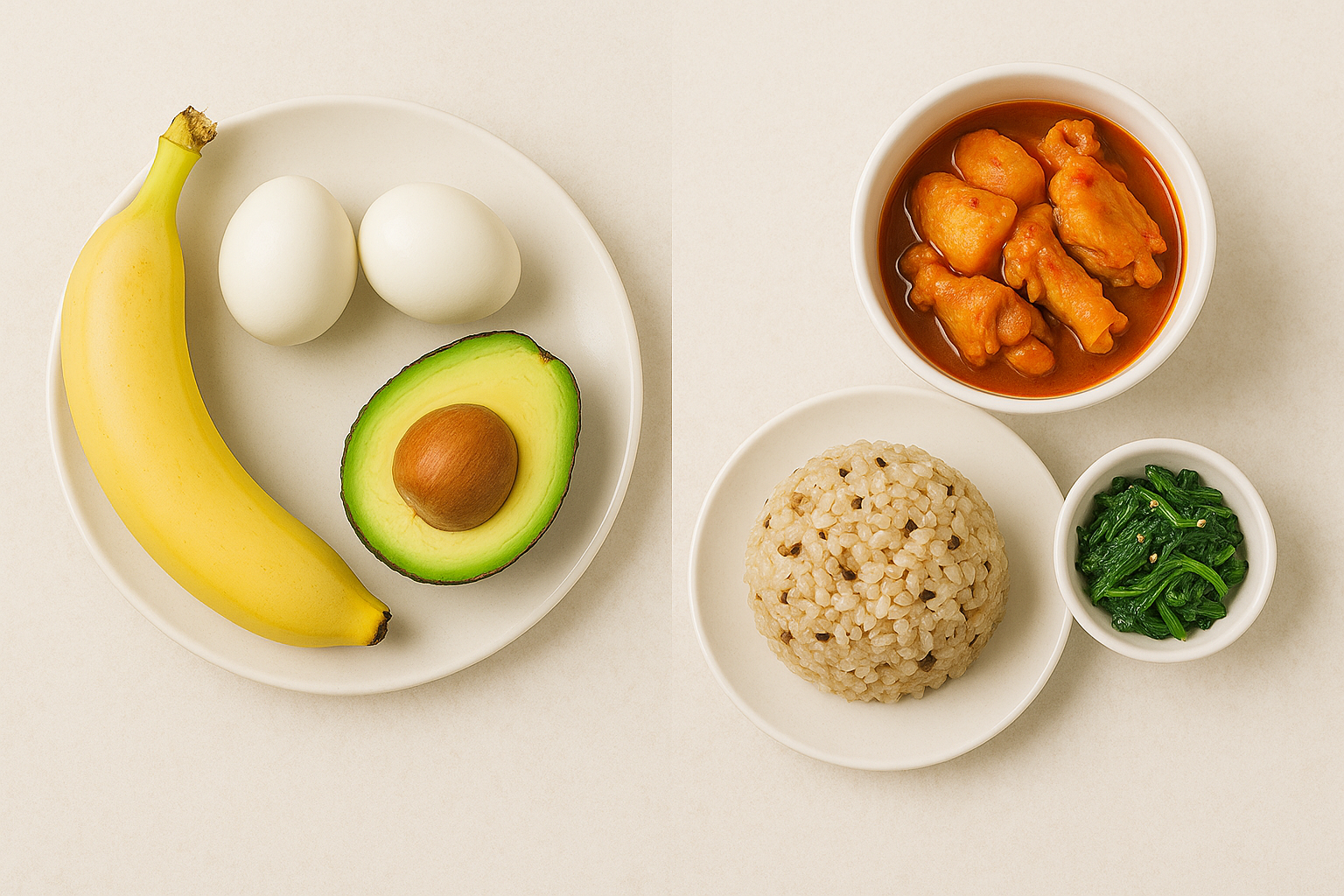바나나, 삶은 계란, 아보카도	잡곡밥, 닭볶음탕, 나물