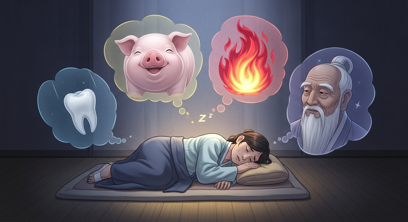 한국인이 자주 꾸는 꿈의 상징(이빨, 돼지, 불, 조상)들이 잠든 사람 주위를 맴도는 대표 이미지
