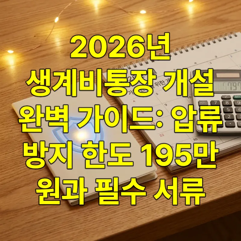 2026년 달력과 계산기 옆에 놓인 방패 문양이 그려진 통장, 금융 압류로부터 생활비를 보호받는 안전한 이미지를 표현