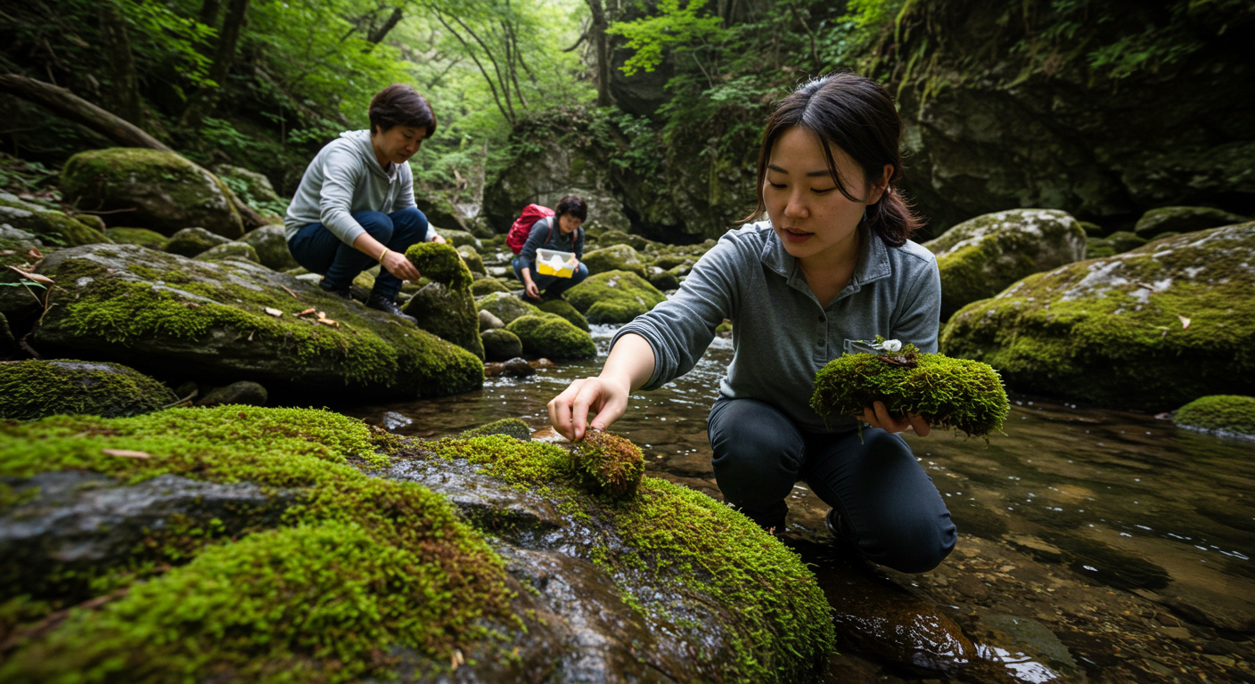 계곡 근처에서 이끼를 채집하는 사람들 사진