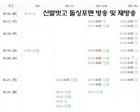 신발 벗고 돌싱포맨 방송 및 재방송 시간 표시한 정보