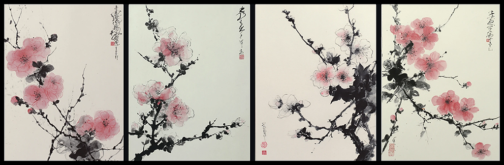 엷은 담채 색감과 먹선이 조화된 한지 질감의 서정적인 봄꽃 산수화 이미지_Midjourney