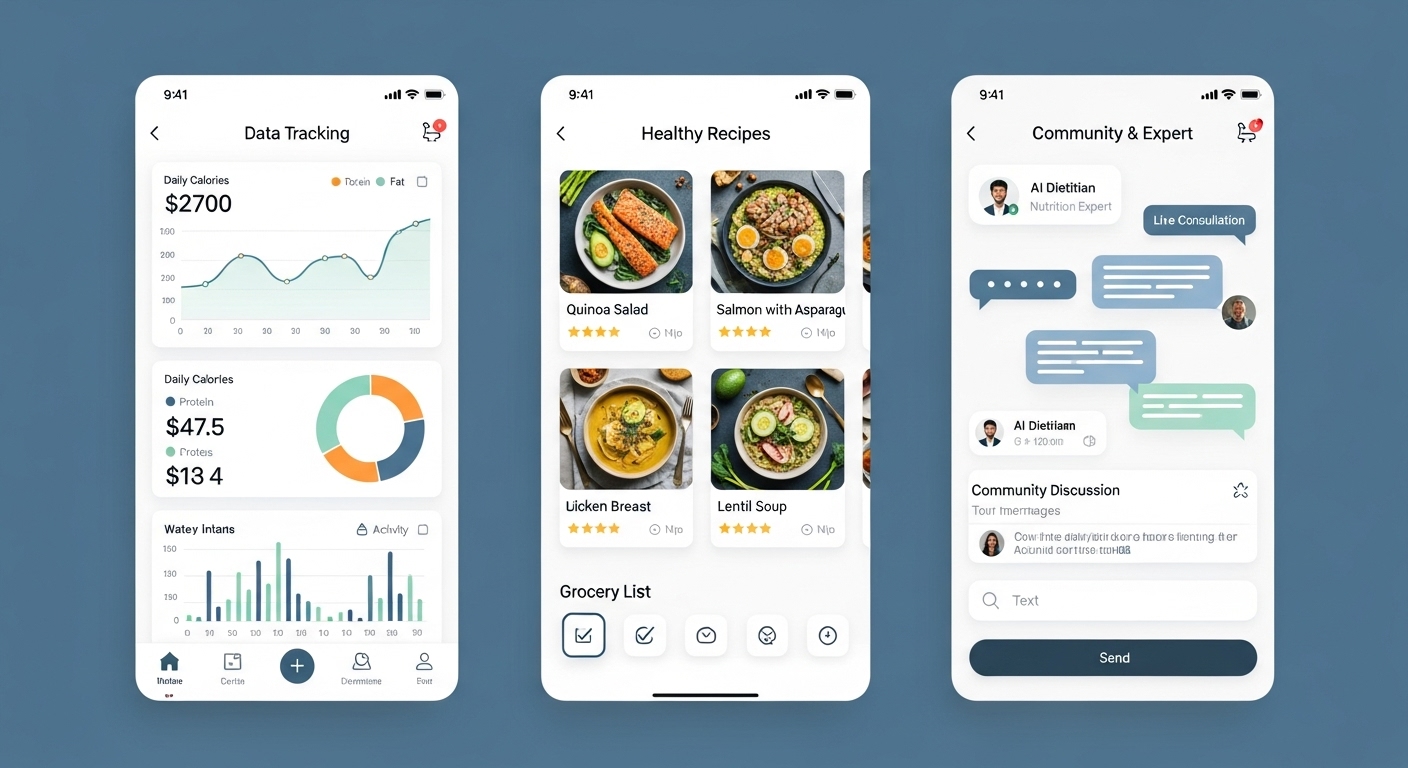 다양한 AI 식단 관리 앱의 주요 기능을 보여주는 3개의 모바일 앱 인터페이스 예시.