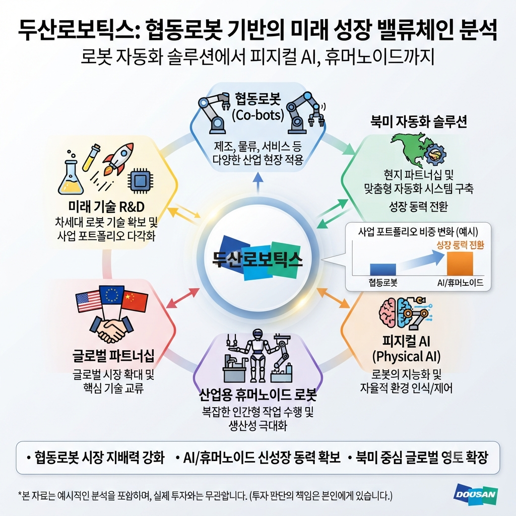 두산로보틱스 협동로봇과 북미 자동화&middot;피지컬 AI&middot;휴머노이드 사업 확대를 보여주는 금융 분석 이미지