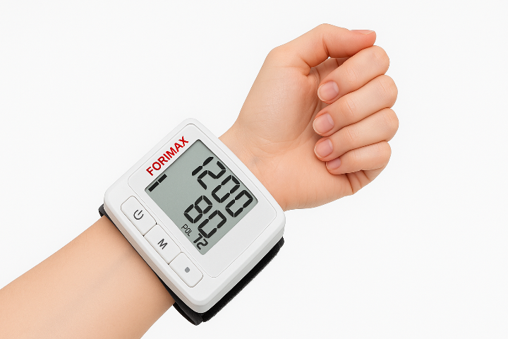 손목형 혈압계로 혈압을 측정하는 모습