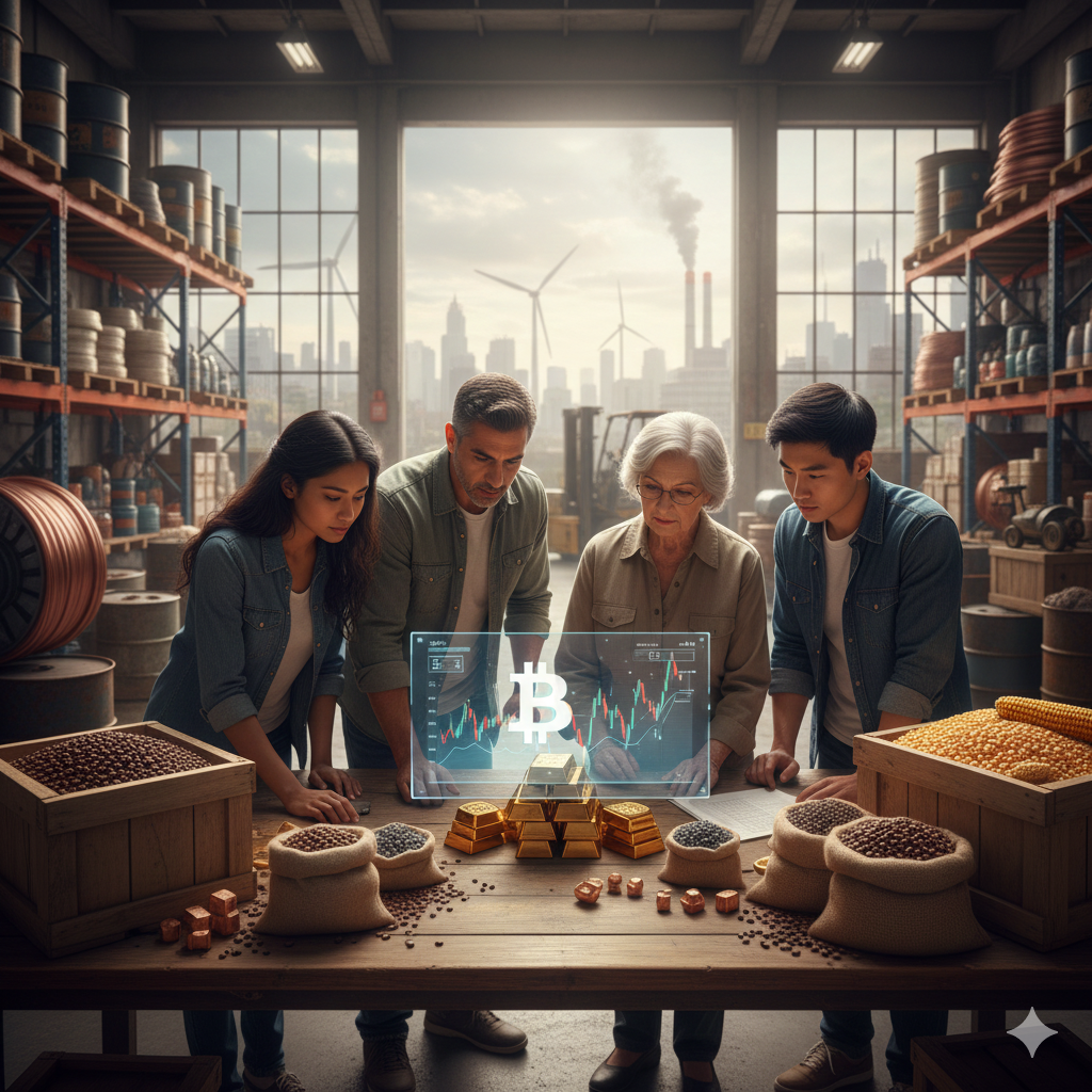 창고 안에서 남녀노소 네 명이 비트코인 홀로그램과 금괴, 곡물 자루, 원자재를 보며 진지하게 토론하는 산업적 분위기