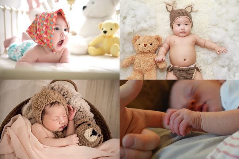 육아휴직관련 상단좌측부터 흰색, 녹색, 파란색 무늬가 있는 빨간색 스카프를 머리에 쓰고 침대에 엎드려서 고개를 들고 입을 크게 벌리고 있는 갓난 아기 모습과 침대에 누워서 곰인형을 옆에 두고 눈을 동그랗게 뜨고 있는 아기 모습이며 하단좌측부터 작은 바구니처럼 생긴 침대에서 갈색털모자를 쓰고 곰인형과함께 잠들어 있는 갓난아기 모습과 침대에서 엄마 검지손가락을 왼손으로 잡고 잠들어 있는 갓난아기 모습