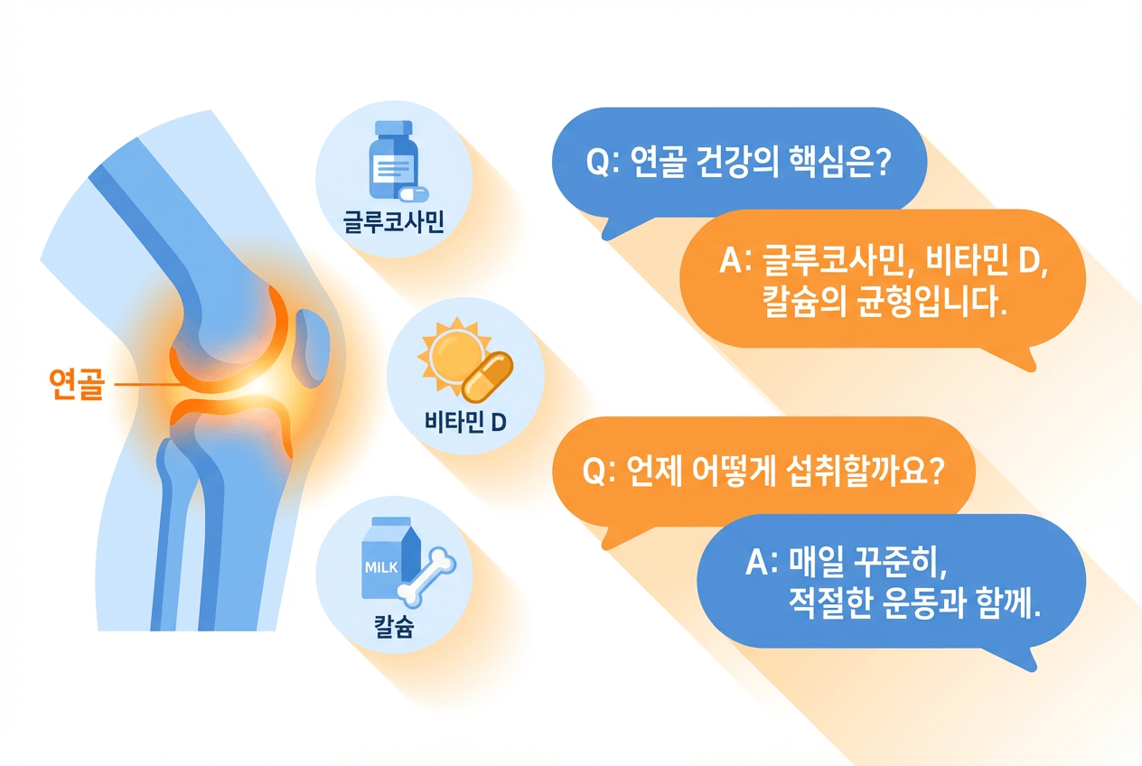 무릎 연골 부위를 강조한 그림 옆으로 글루코사민·비타민D·칼슘 아이콘과 Q&A 말풍선이 배치되어 관절·연골과 뼈 건강을 균형 있게 관리하는 방법을 설명하는 인포그래픽 이미지