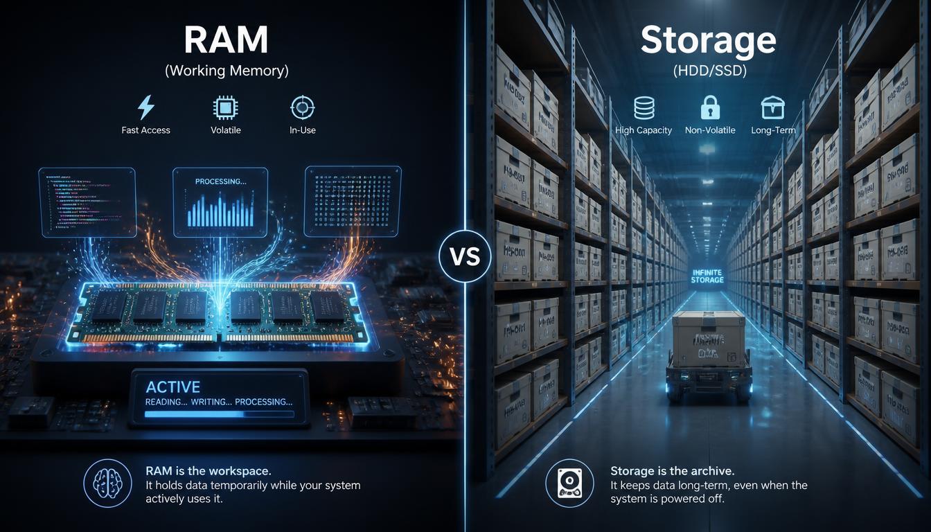A minimalist infographic split-screen comparing RAM (labeled as a dynamic 'working workbench') and Storage Devices (labeled as a massive 'permanent data warehouse') to explain their distinct roles in a computer system.