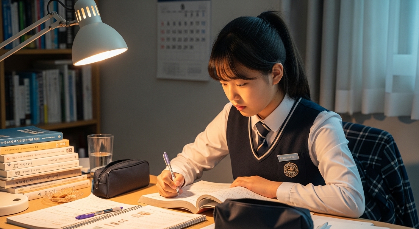책상에 앉아서 공부하는 여중생