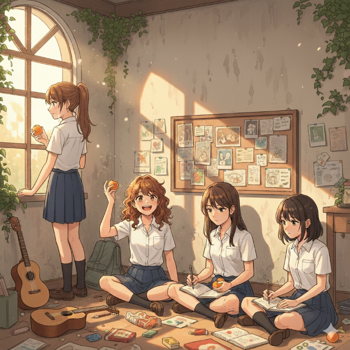 네 주인공이 함께 있는 듯한 감성적인 장면 스케치