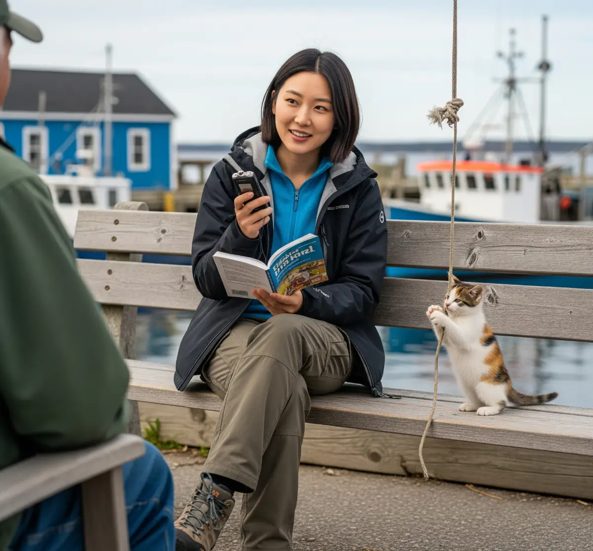 노바스코샤의 한 작은 마을에서, 20대 한국인 여행자가 현지 노인과 대화하며 그의 이야기를 경청하는 따뜻한 모습