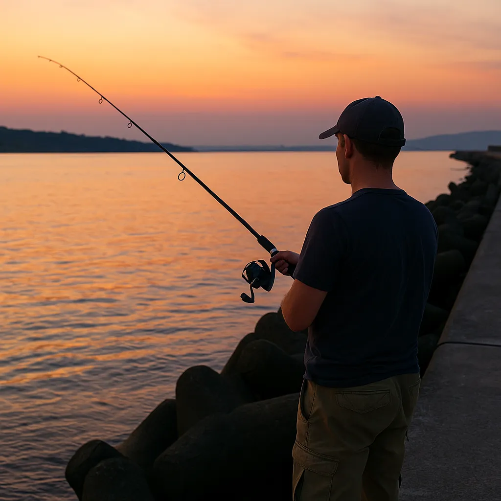 해 질 무렵 방파제에서 농어를 기다리는 낚시인의 모습