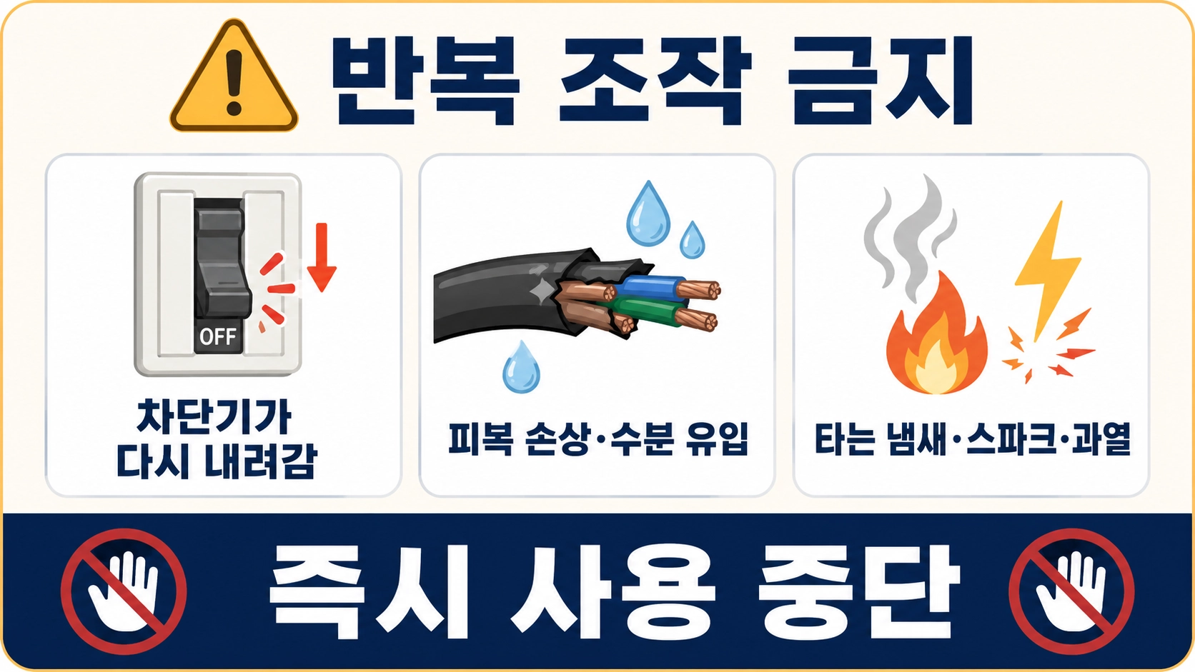 차단기 재차 하강과 피복 손상, 타는 냄새 등 즉시 사용을 중단해야 할 신호를 정리한 주의 카드