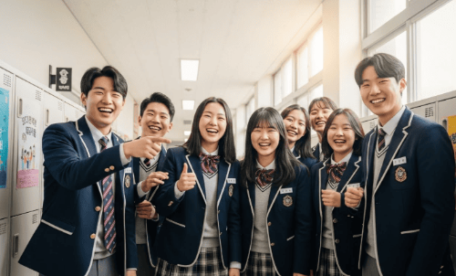 학교복도에서 활짝웃고있는 한국고등학생들