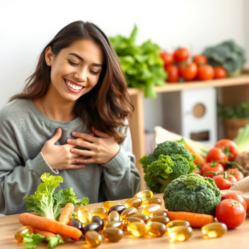 유산균 캡슐과 야채과 놓여져 있는 테이블 앞에서 미소 짓는 여성