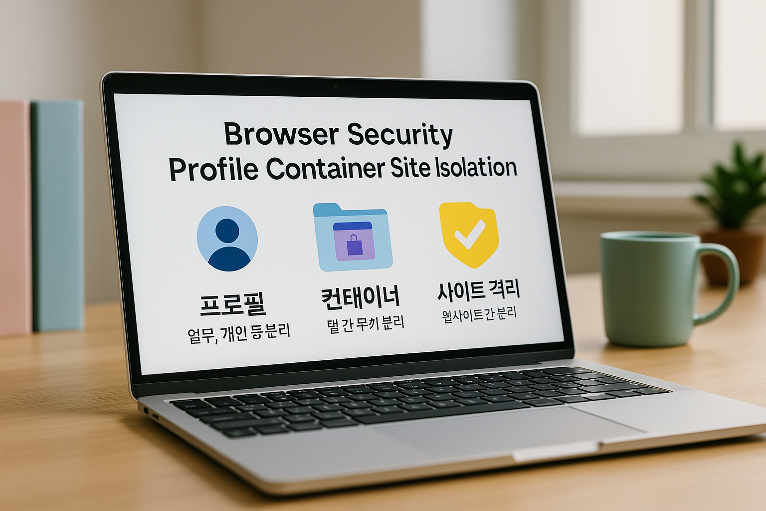 책상 위 노트북에 브라우저 보안 설정 화면을 띄운 실사 사진