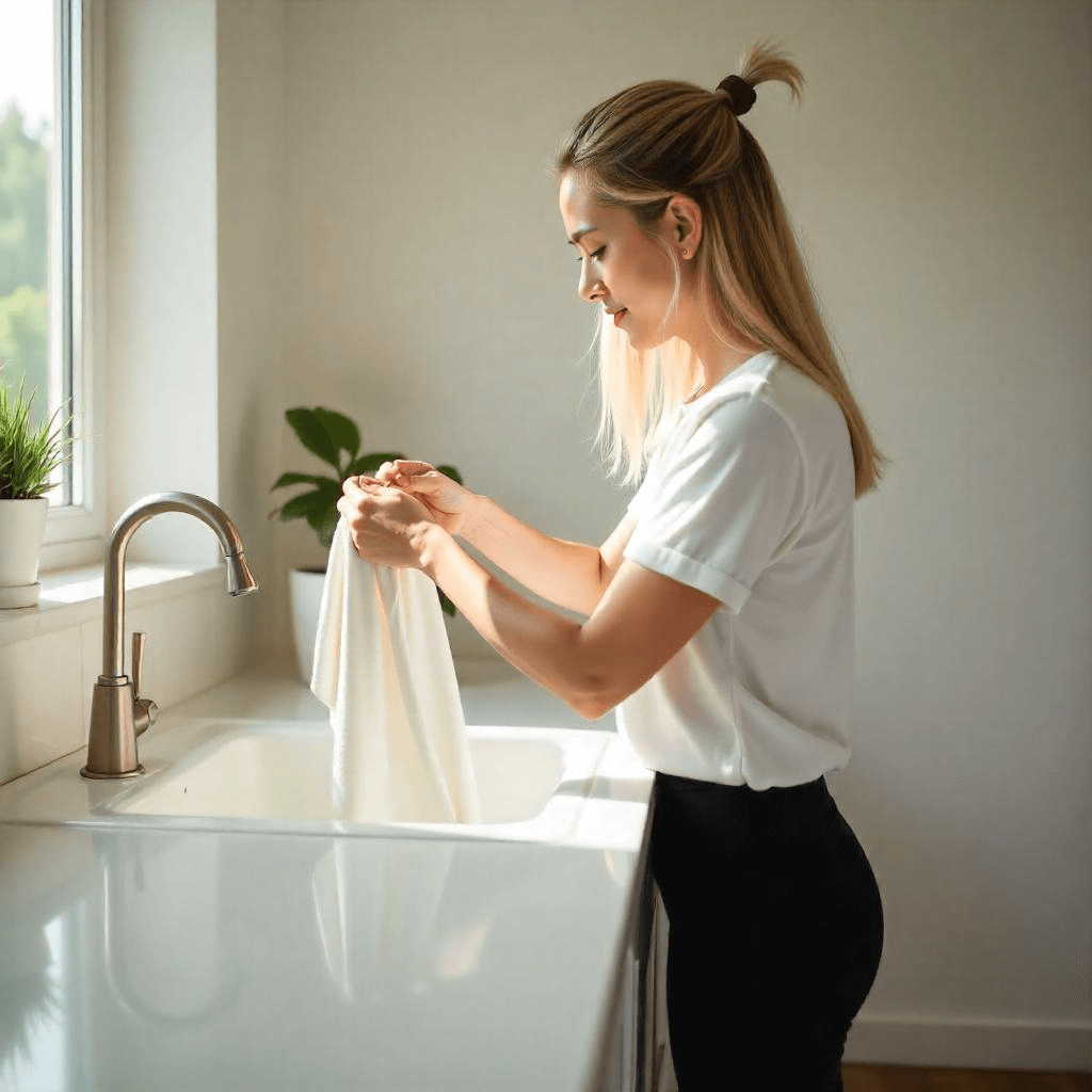 흰 티셔츠를 입은 여성이 햇살이 드는 창가 싱크대에서 흰옷을 손세탁하고 있는 모습, 주변에 화분이 놓인 깔끔한 실내 환경