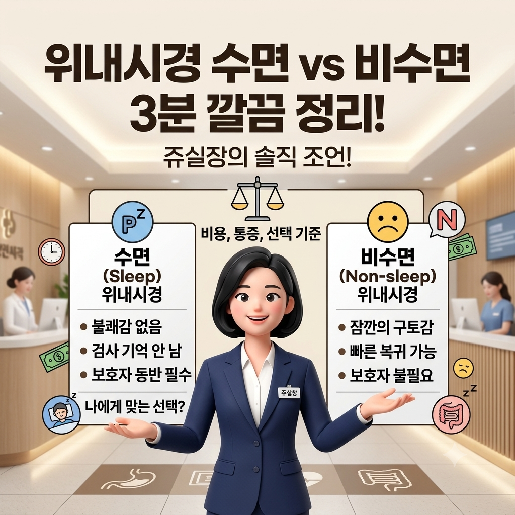 수면 위내시경과 비수면 위내시경의 장단점, 구토감, 보호자 동반 필요 여부를 비교한 인포그래픽