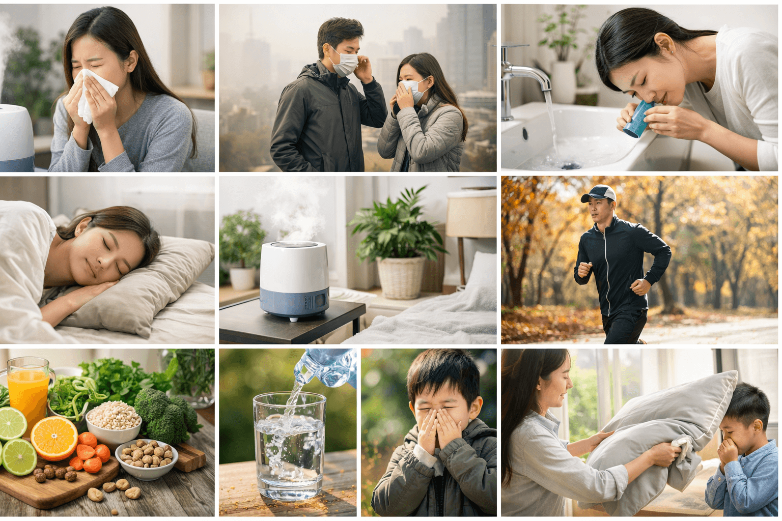 미세먼지가 많은 도심에서 마스크를 착용한 한국인 남녀 비염 예방 모습