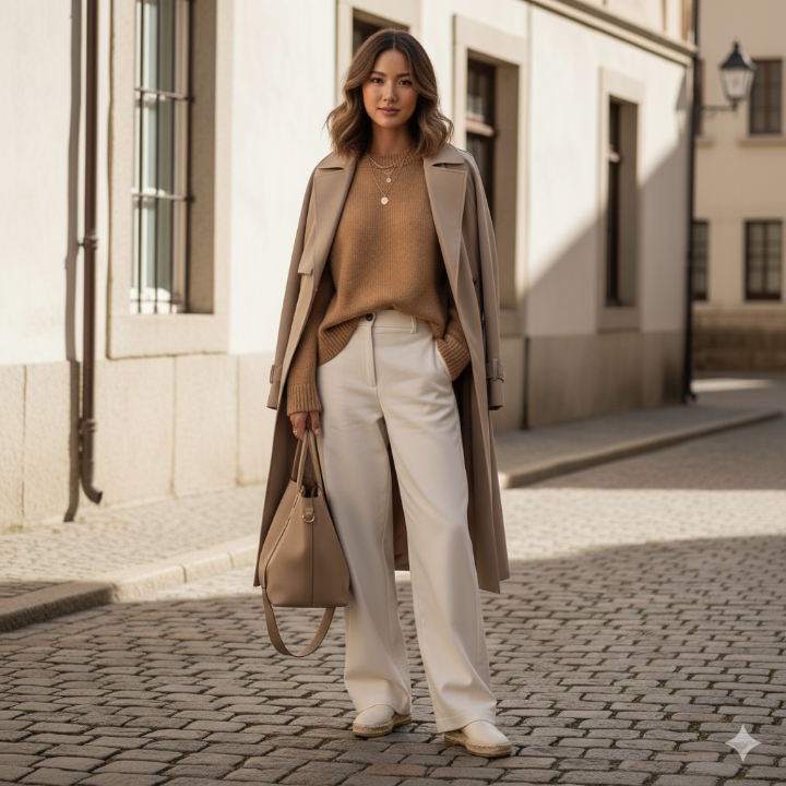 뉴트럴 컬러 코디의 예시, 베이지/아이보리/카멜 톤온톤 코디