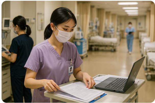 병동 현장에서 저년차 간호사가 열심히 일하는 모습