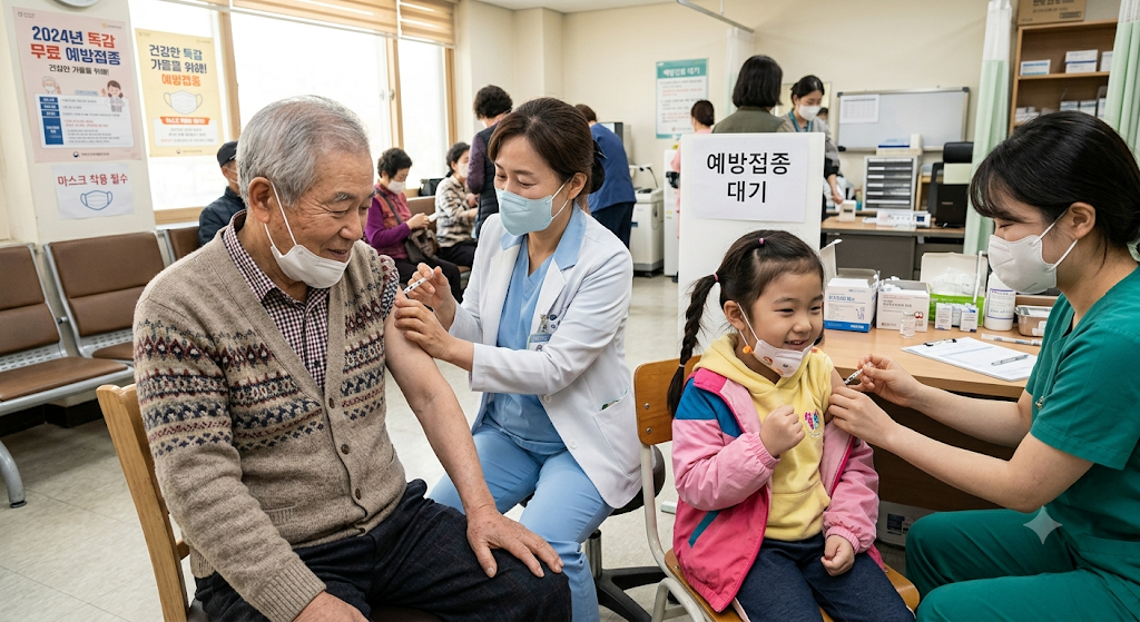 독감 예방접종을 받는 어린이 또는 어르신의 모습