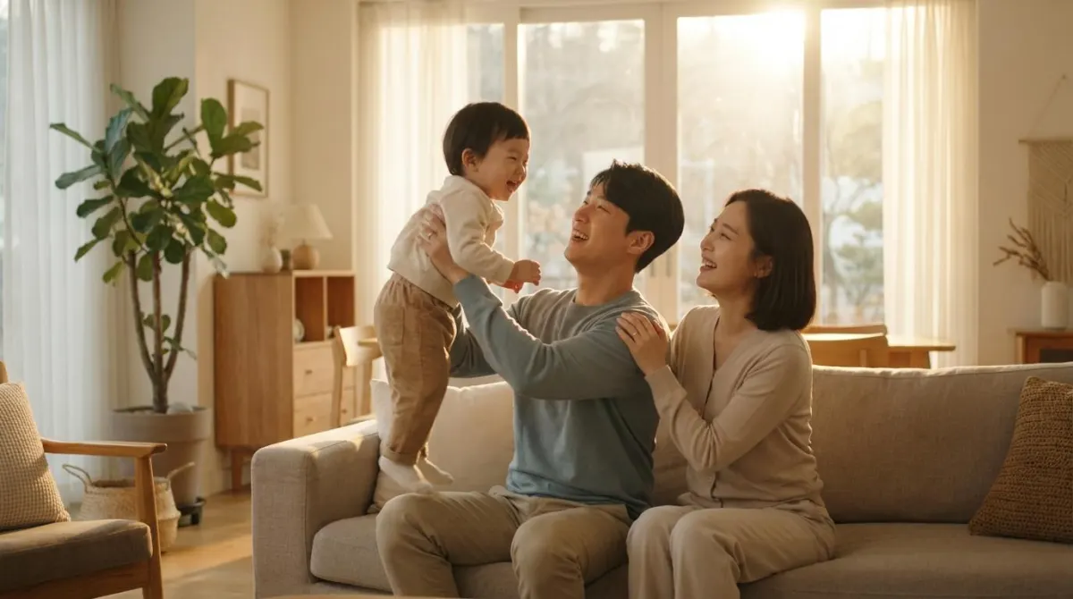2026년 육아휴직 승인 후 평화롭고 행복한 시간을 보내는 한국인 가족의 모습