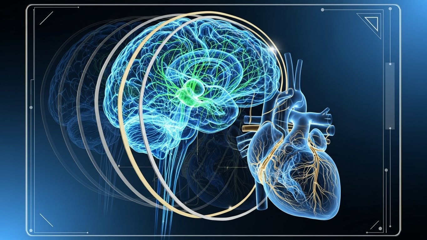 뇌와 심장 혈관을 정밀하게 보여주는 첨단 MRI 또는 CT 스캔 이미지