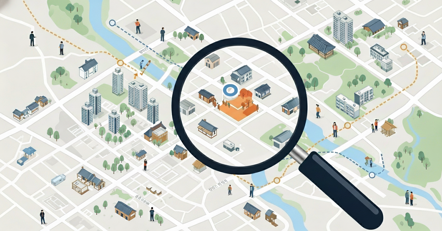 다양한 주택 지역 지도 위에서 돋보기가 '숨겨진 가치' 또는 '기회 지역'을 비추는 추상적인 일러스트. 2025년 부동산 시장에서 생애 첫 주택 구매자가 현명한 안목으로 잠재적 가치를 찾아내는 것을 상징한다.