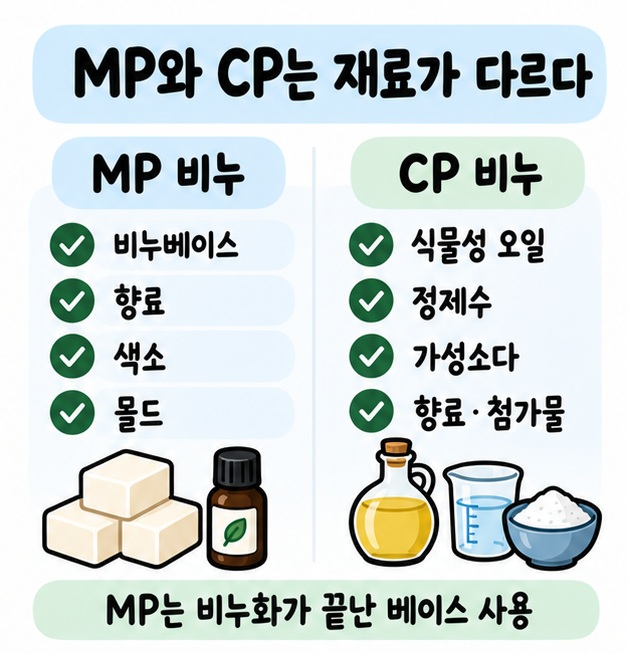 MP 비누는 비누베이스·향료·색소·몰드, CP 비누는 식물성 오일·정제수·가성소다가 필요함을 비교한 카드