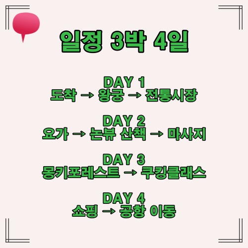 우붓에서의 3박 4일 일정 루트를 한눈에 보여주는 여행 계획표