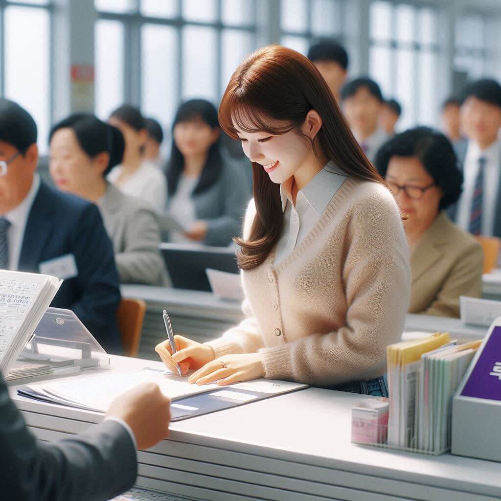 관공서 창구에서 신청서를 작성 중인 여성 민원인의 모습