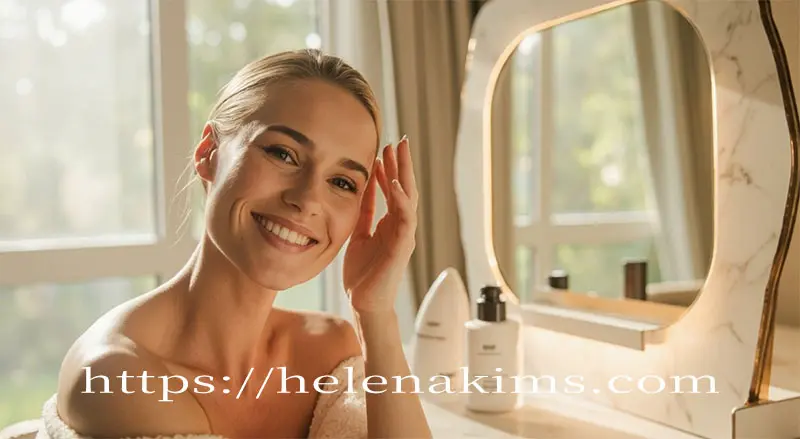 화장대 거울 앞에서 웃고 있는 여자 이미지.