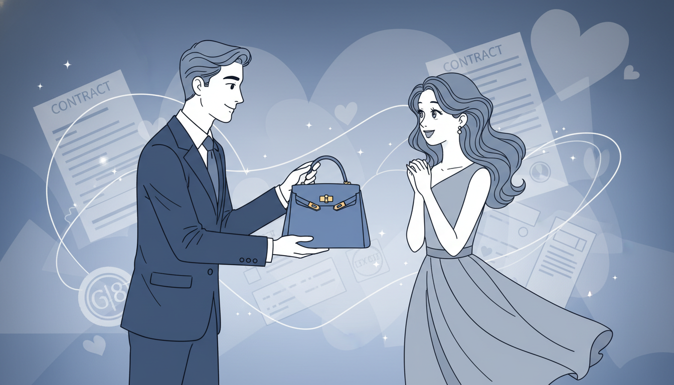 밸런타인데이에 한 남성이 여성에게 명품 가방을 선물하는 로맨틱한 모습 뒤로 희미하게 증여세 관련 서류가 비치는 이미지