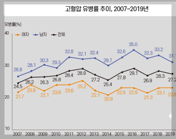 2007년부터 2019년까지 고혈압으로 인한 질병 추이 그래프