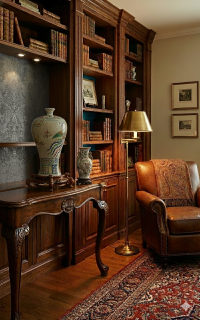 고급스러운 서재 공간 책장 옆에 명대 오채 항아리가 배치되어 품격을 높이는 연출 이미지
