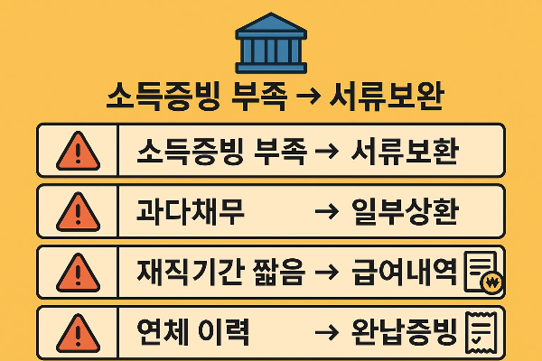 햇살론15 특례보증 부결사례 인포그래픽으로 소득증빙 부족, 과다채무, 재직기간 짧음, 연체 이력 등과 보완 방법을 제시한 안내.