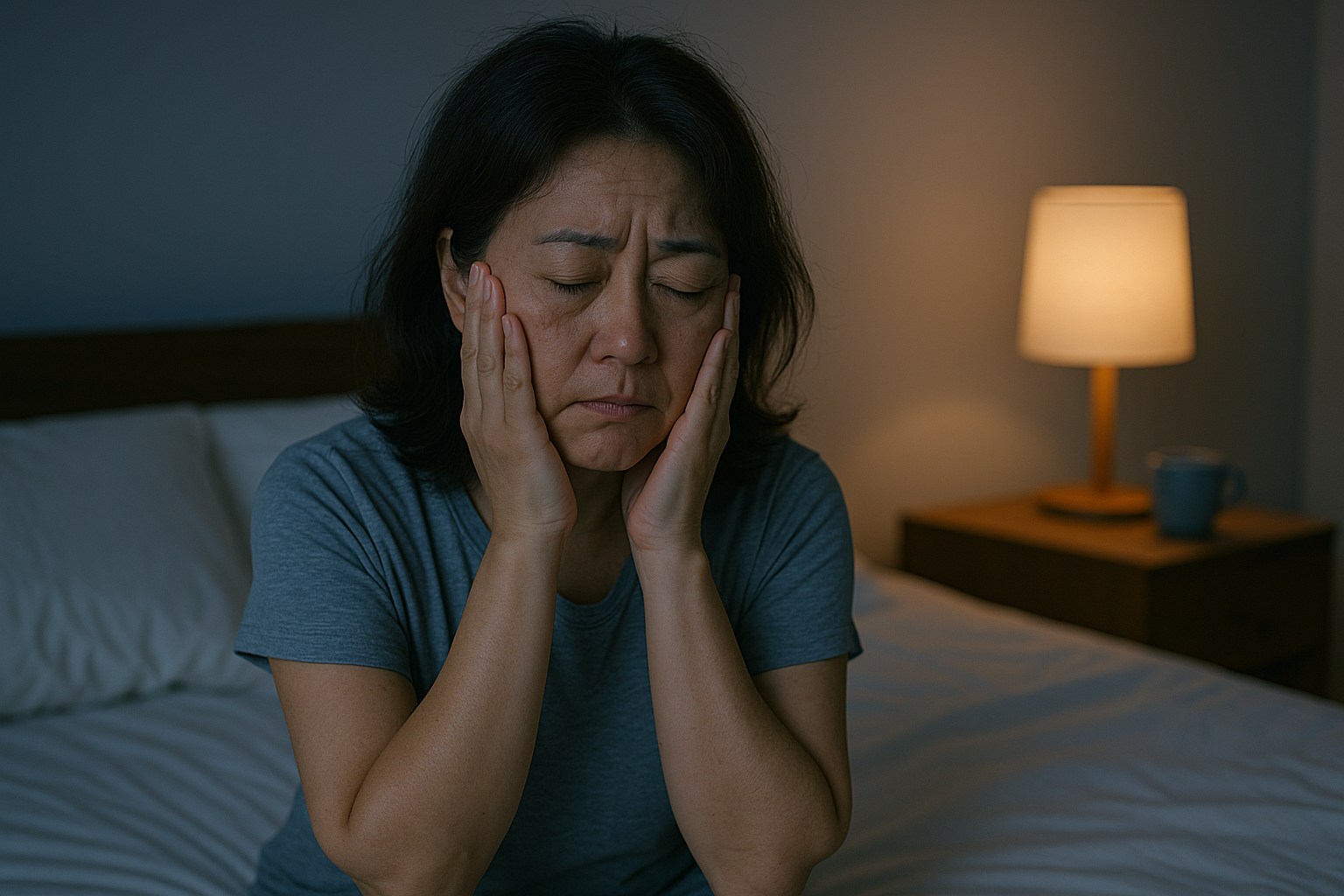 갱년기로 잠 못이루는 부시시하고 피곤한 여성의 모습