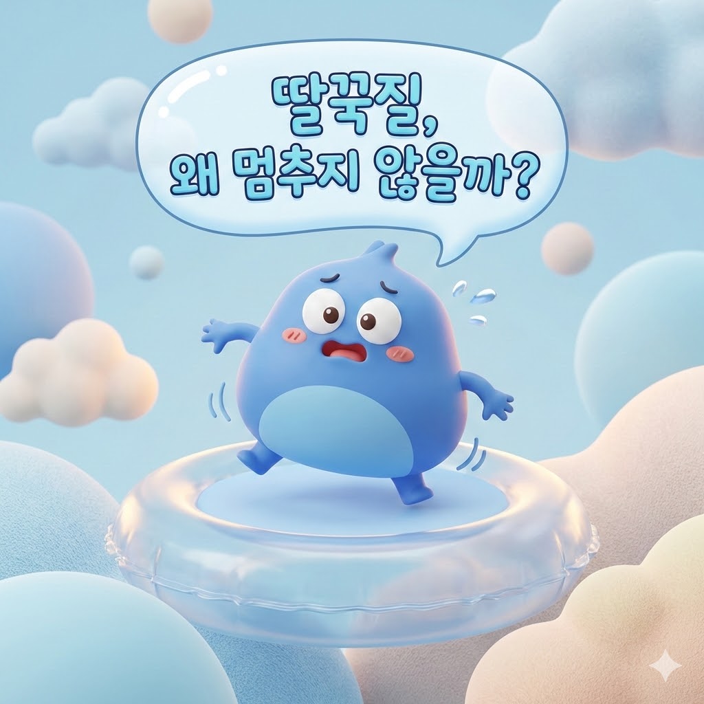 놀란 표정의 귀여운 횡격막 캐릭터가 '딸꾹질, 왜 멈추지 않을까?' 문구와 함께 있는 그림.